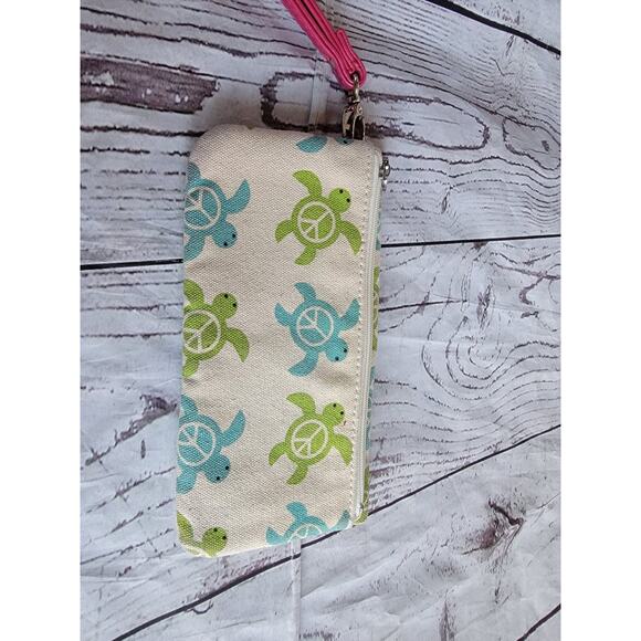 Bungalow 360 Canvas Wristlet Peace sea Turtles 7x3.5 Zip Hook Loop Closure - Picture 7 of 9